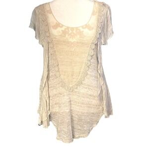 Free People Womens Cream Scoop Neck Floral Crochet Striped Detail Top Sz Small